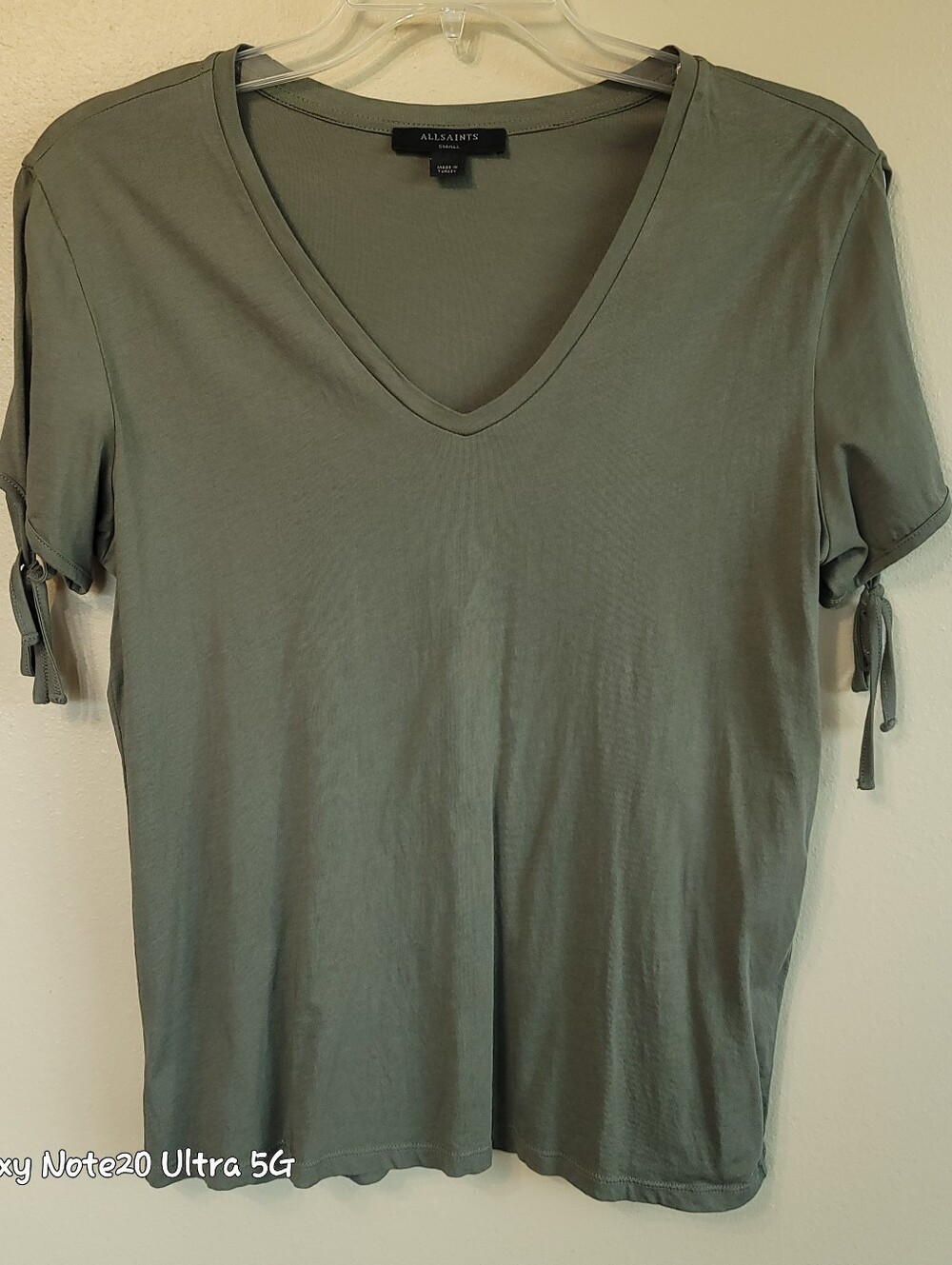 AllSaints Kay Tee Tie Sleeve V-Neck T-Shirt Green Sage Olive Cotton Jersey Sz-S